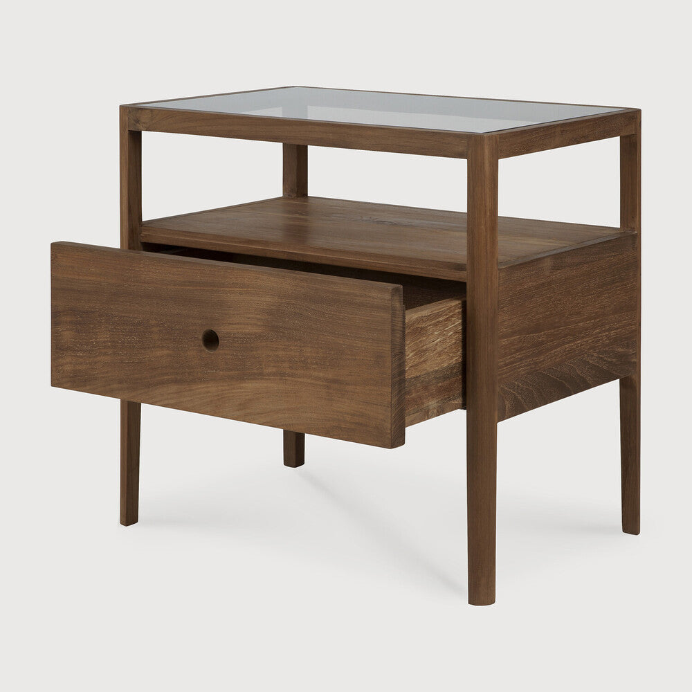 Table de chevet moderne en verre et bois avec tiroir simple et étagère ouverte pour chambre à coucher