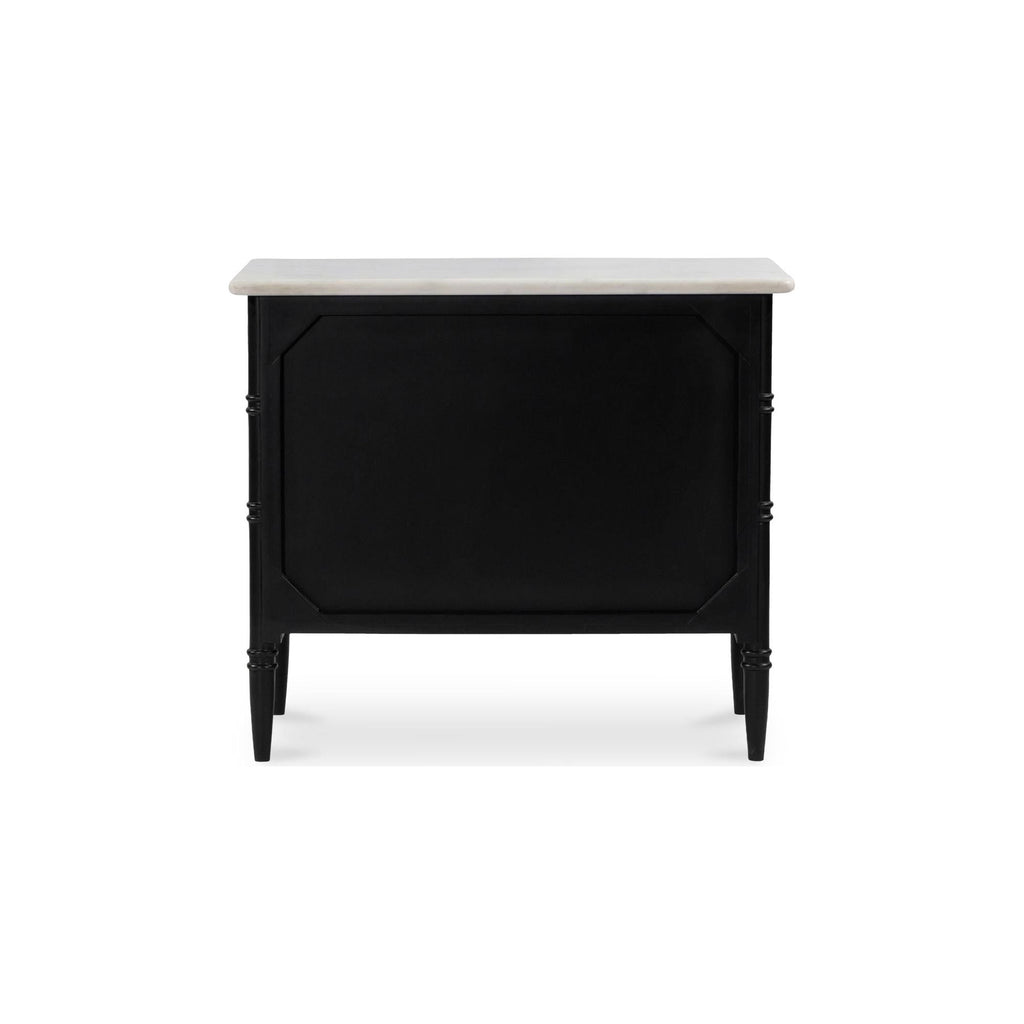 Table de chevet avec plateau en marbre et bois de manguier d'inspiration provençale, poignées en laiton et deux tiroirs pour chambre à coucher