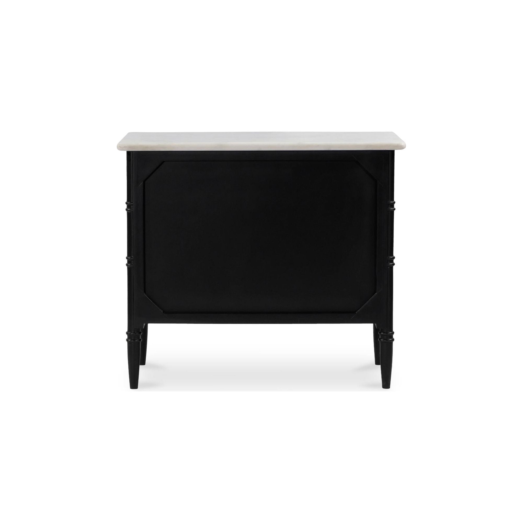 Table de chevet avec plateau en marbre et bois de manguier d'inspiration provençale, poignées en laiton et deux tiroirs pour chambre à coucher