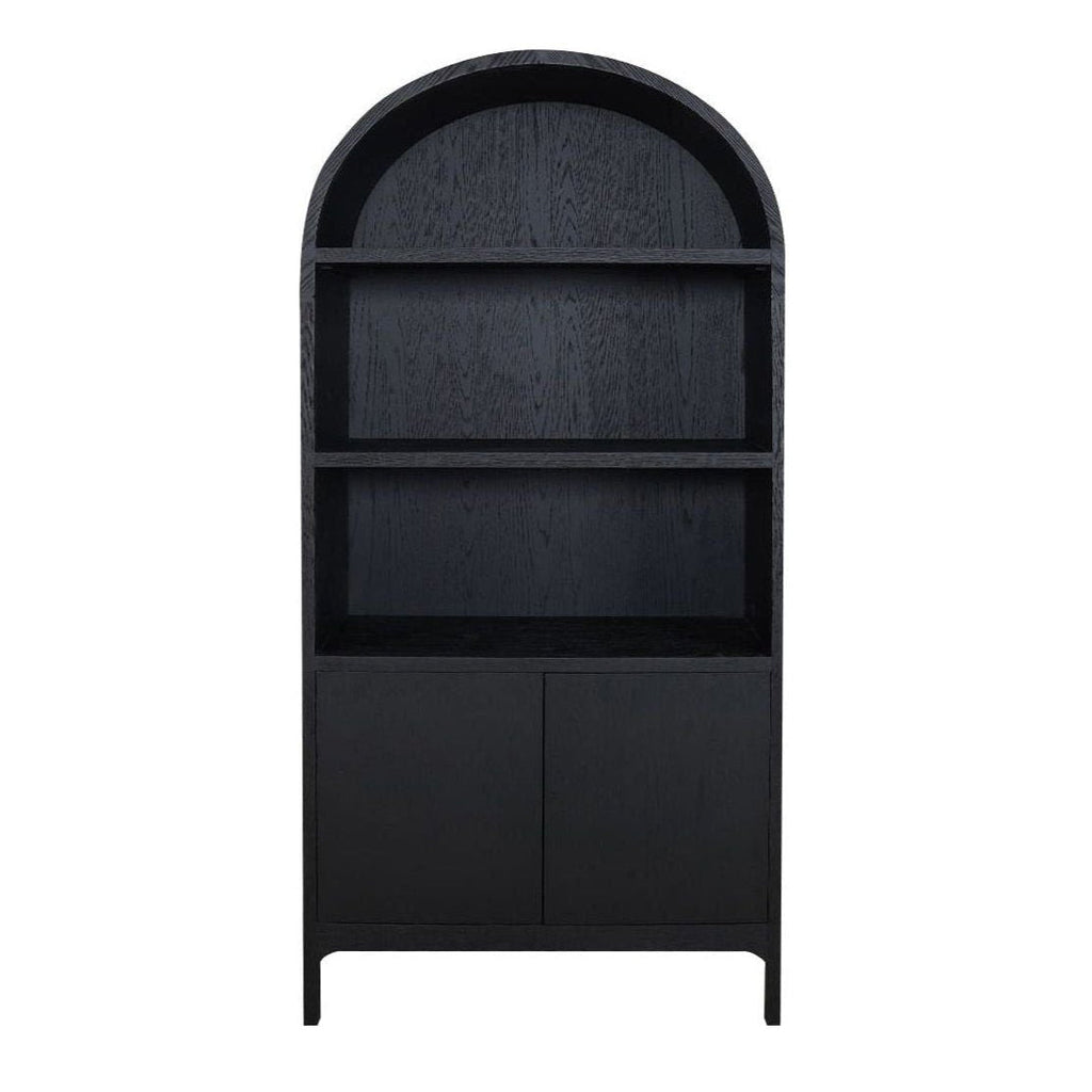Vitrine en chêne massif et contreplaqué courbés avec détail en arc et rangement ouvert/fermé pour salon