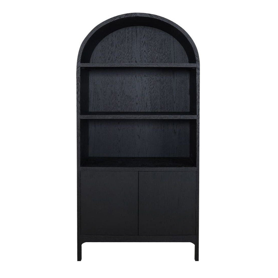 Vitrine en chêne massif et contreplaqué courbés avec détail en arc et rangement ouvert/fermé pour salon