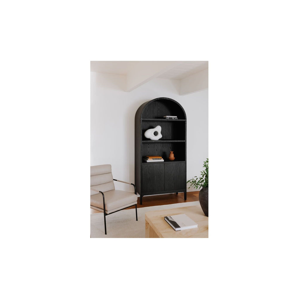 Vitrine en chêne massif et contreplaqué courbés avec détail en arc et rangement ouvert/fermé pour salon