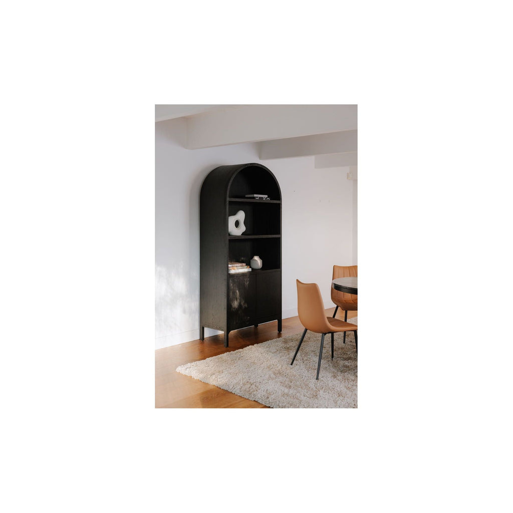 Vitrine en chêne massif et contreplaqué courbés avec détail en arc et rangement ouvert/fermé pour salon