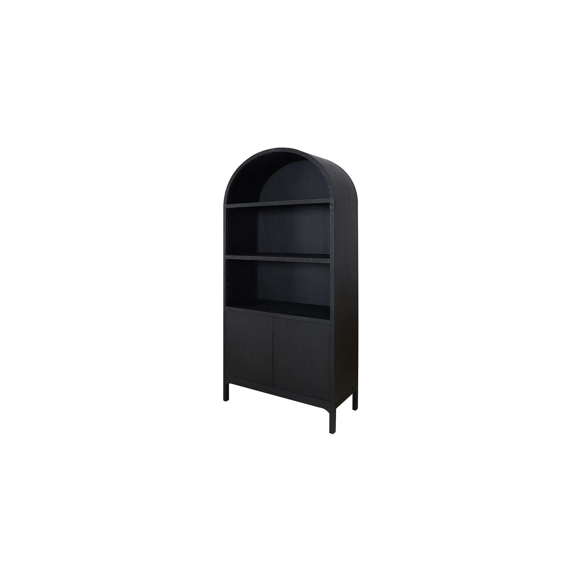 Vitrine en chêne massif et contreplaqué courbés avec détail en arc et rangement ouvert/fermé pour salon