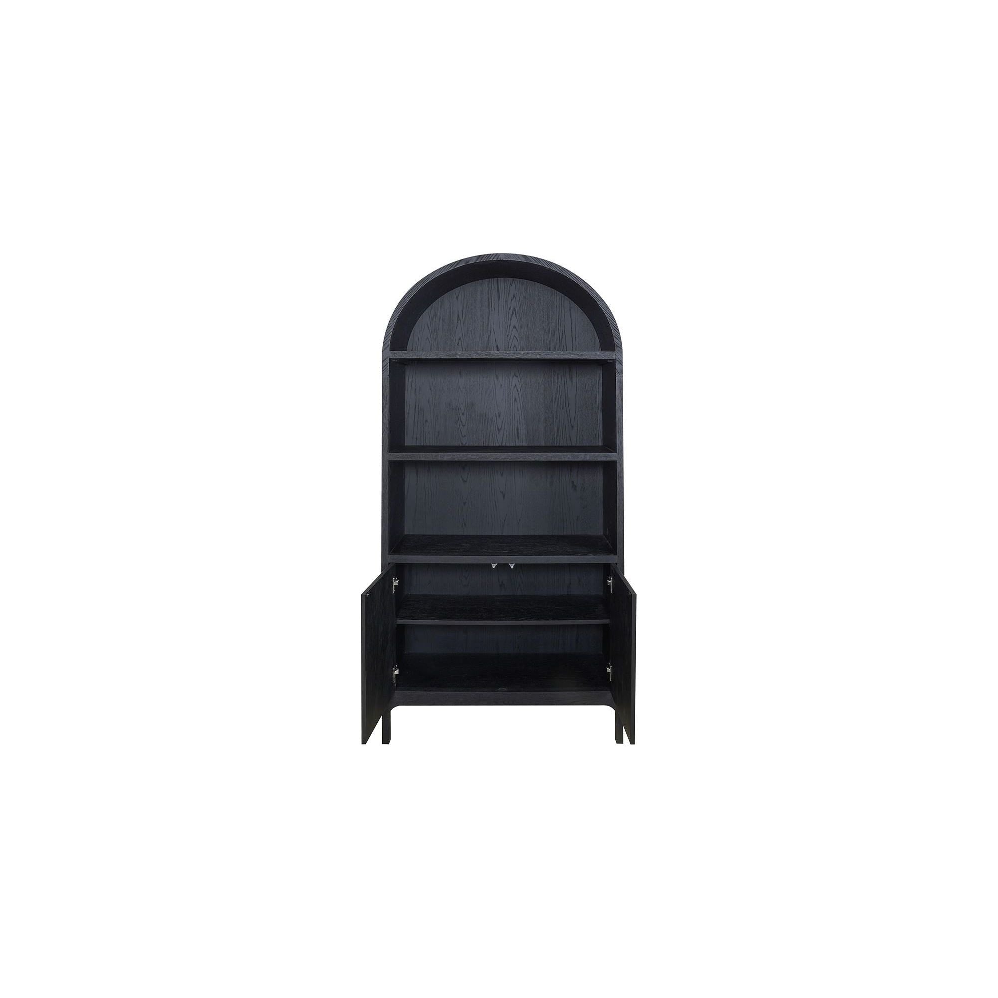 Vitrine en chêne massif et contreplaqué courbés avec détail en arc et rangement ouvert/fermé pour salon