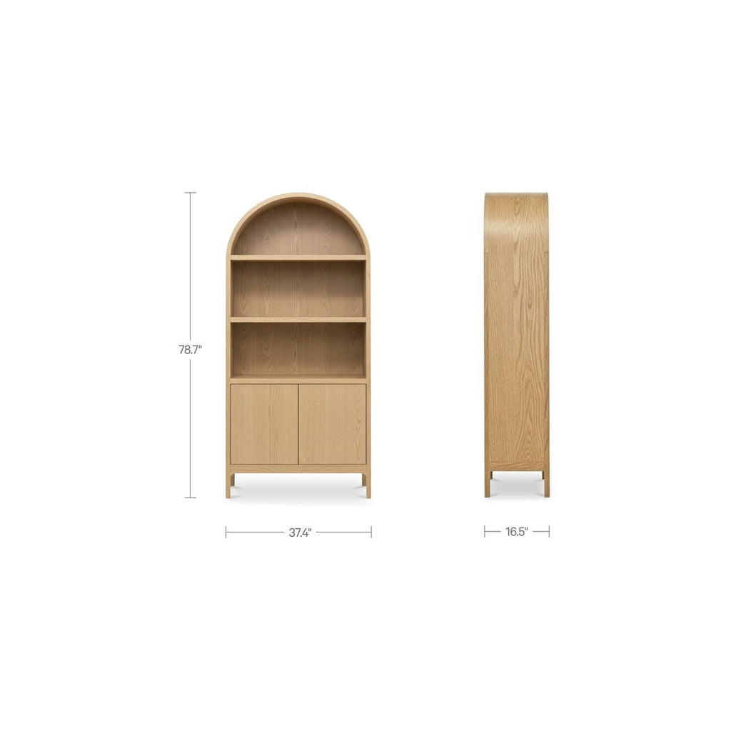 Vitrine en chêne massif et contreplaqué courbés avec détail en arc et rangement ouvert/fermé pour salon
