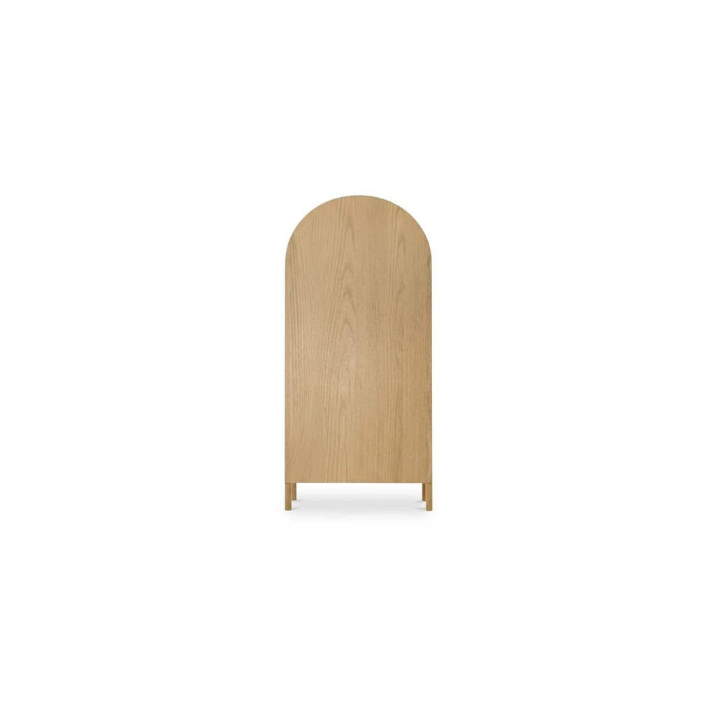 Vitrine en chêne massif et contreplaqué courbés avec détail en arc et rangement ouvert/fermé pour salon