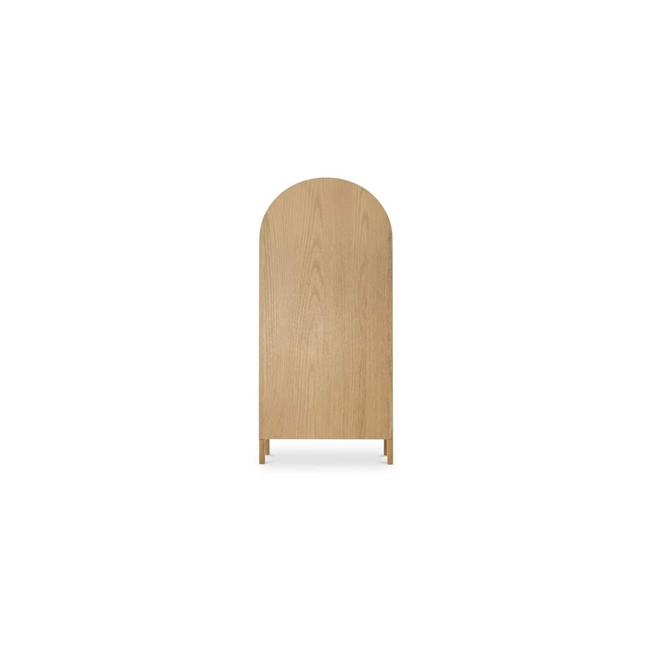Vitrine en chêne massif et contreplaqué courbés avec détail en arc et rangement ouvert/fermé pour salon