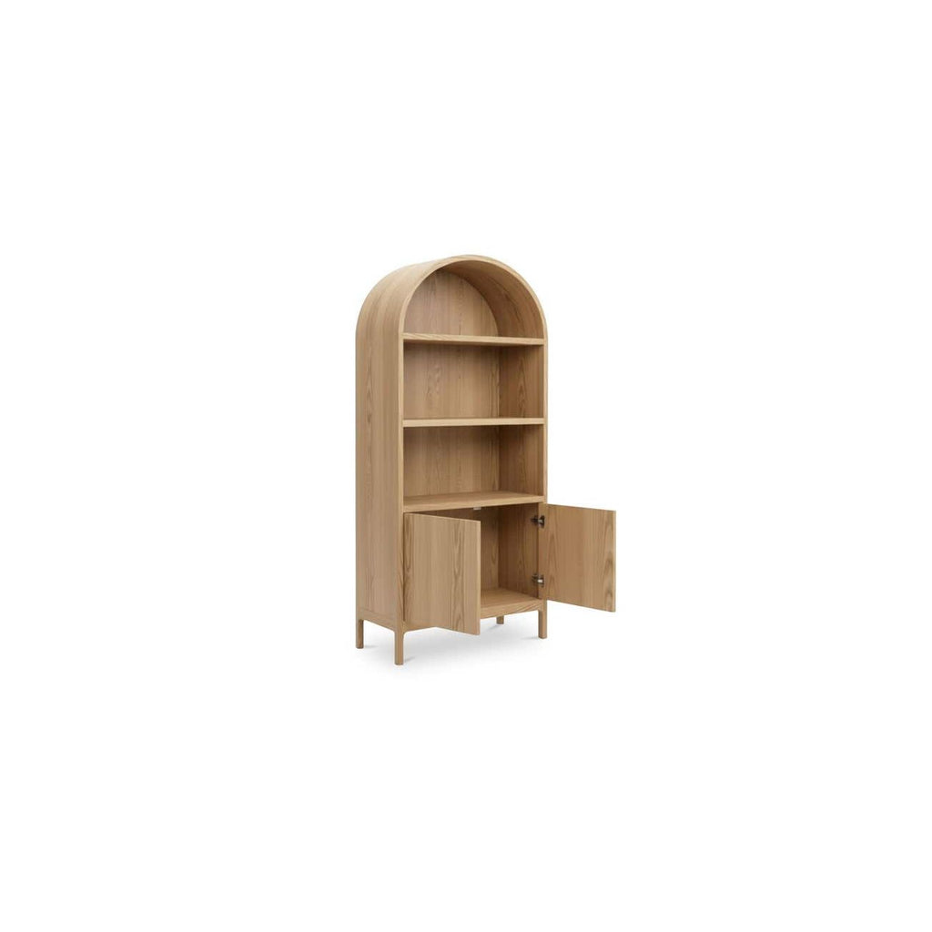 Vitrine en chêne massif et contreplaqué courbés avec détail en arc et rangement ouvert/fermé pour salon