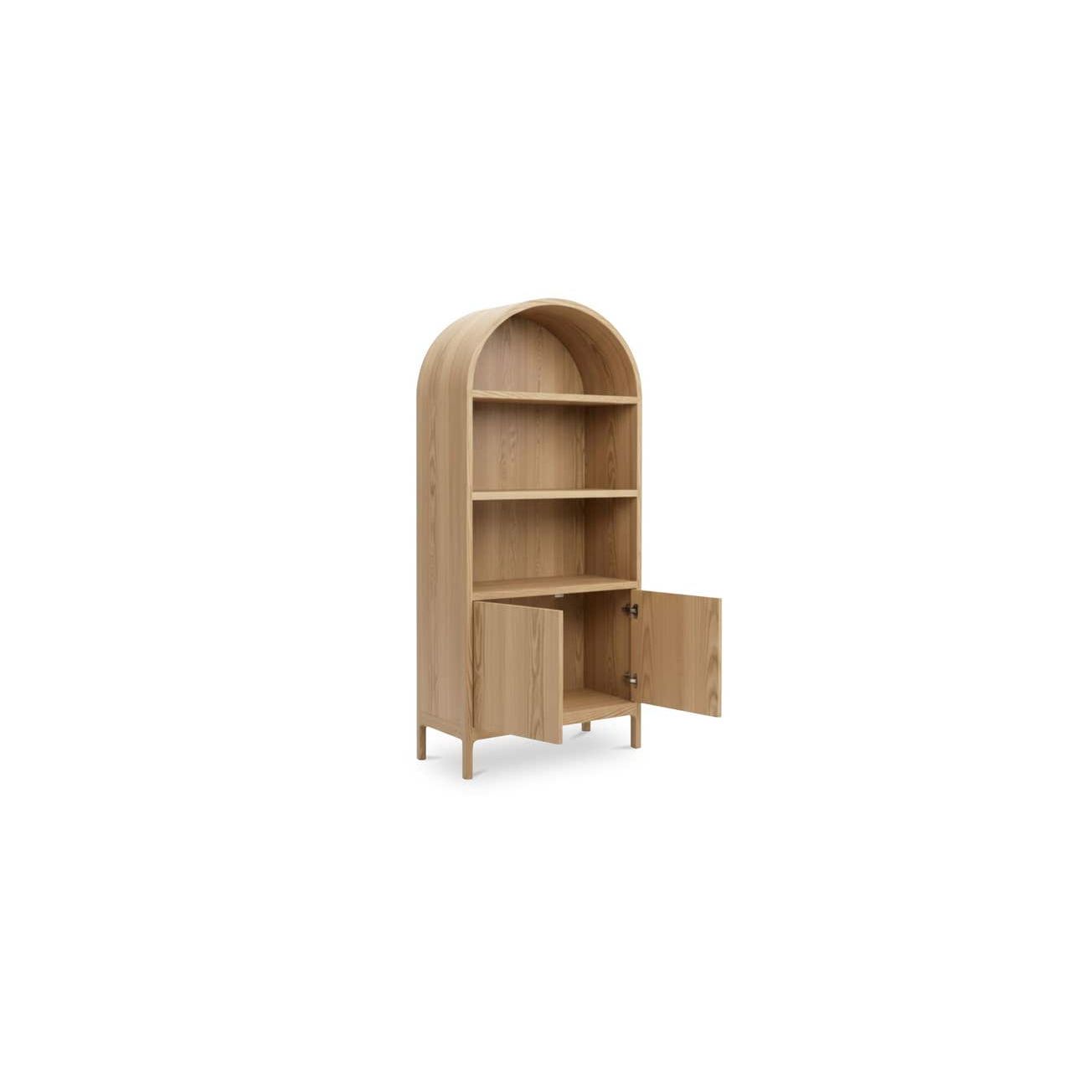 Vitrine en chêne massif et contreplaqué courbés avec détail en arc et rangement ouvert/fermé pour salon