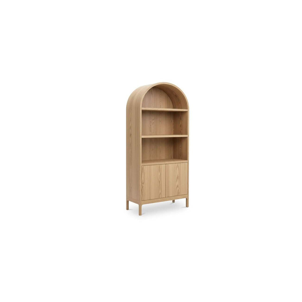 Vitrine en chêne massif et contreplaqué courbés avec détail en arc et rangement ouvert/fermé pour salon