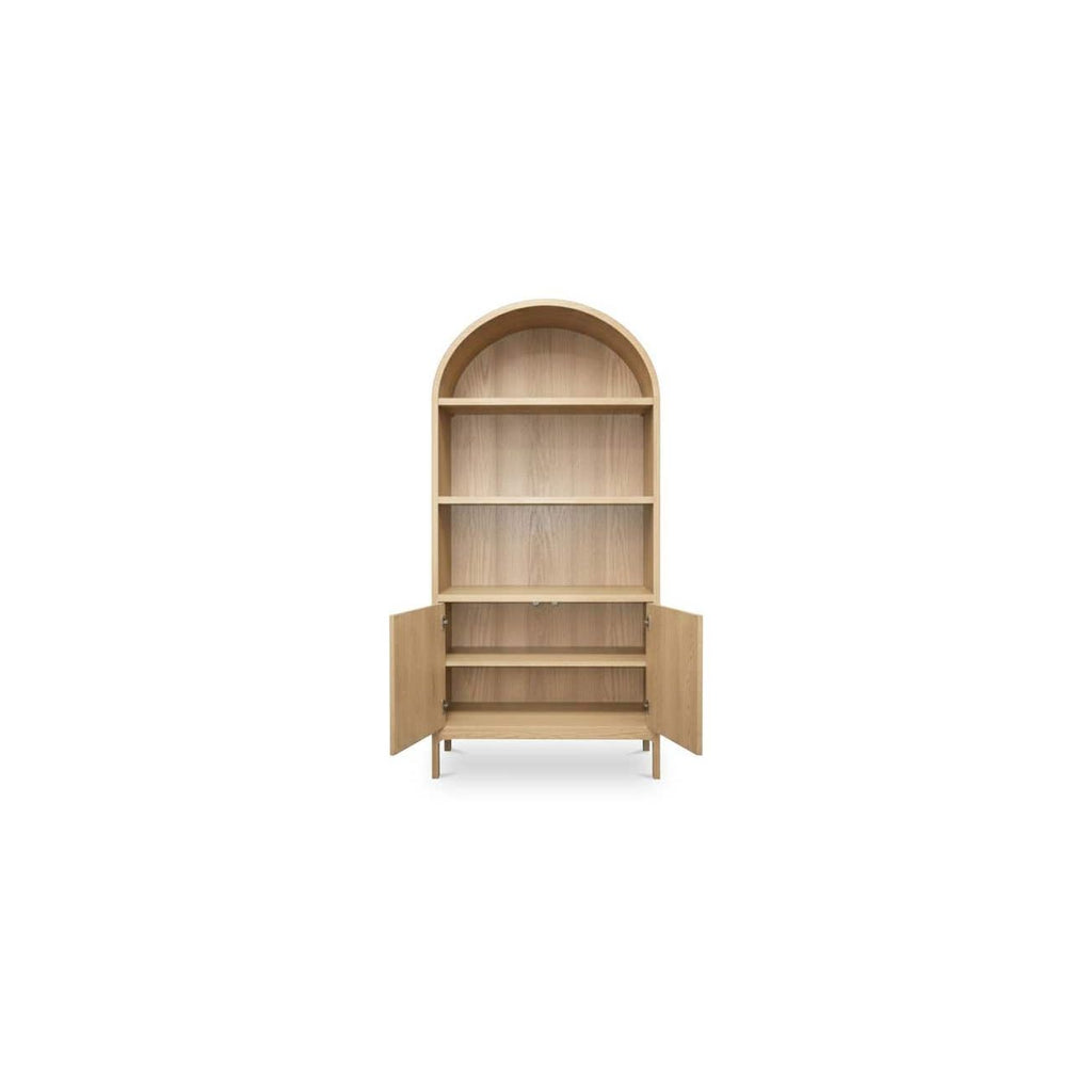 Vitrine en chêne massif et contreplaqué courbés avec détail en arc et rangement ouvert/fermé pour salon