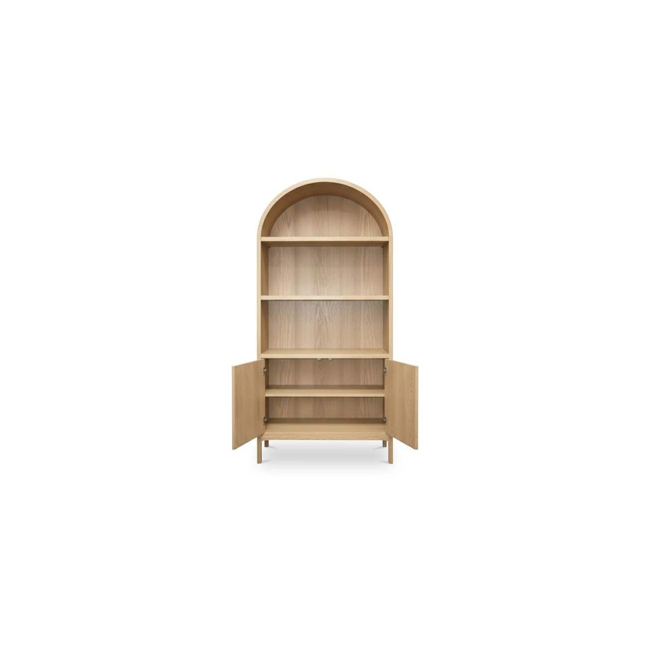 Vitrine en chêne massif et contreplaqué courbés avec détail en arc et rangement ouvert/fermé pour salon