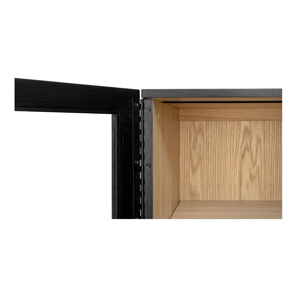 Meuble haut bicolore en frêne massif et verre trempé avec poignées à tasseaux français et étagère réglable pour salon